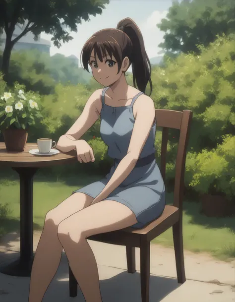 score_9, score_8_up, score_7_up, gsfghtr, casual dress, sit on the chair, 1girl, smile, unponytail, outdoors