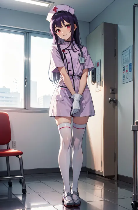 1boy, solo, male focus, nurse, white nurse cap, white nurse uniform, ((white legwear, zettai ryouiki)), white gloves, long hair, purple hair, red eyes, smile, standing, ((hospital room)), sharp outline, short sleeves, shota, 12yo, best quality, masterpiece