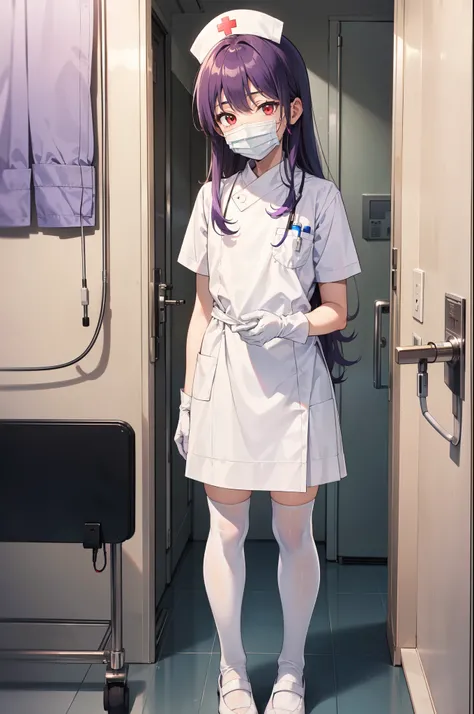 1boy, solo, male focus, nurse, white nurse cap, white nurse uniform, ((white legwear, zettai ryouiki)), white gloves, long hair, purple hair, red eyes, ((white surgical mask, covered nose)), standing, ((hospital room)), sharp outline, short sleeves, shota,...