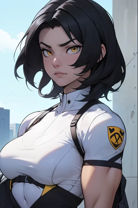 pale girl muscular girl big breasts black hair yellow eyes expressionless sad