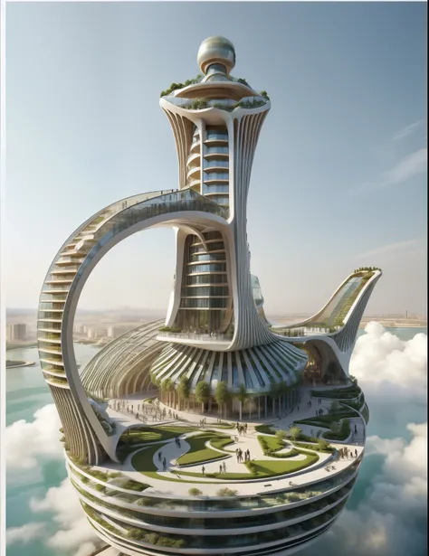 Building by Zaha Hadid, concrete and glass, windows, stripes, Realistic, people on walkways, gardens, green areas, people all around plaza, people walking, flawless, by syd mead