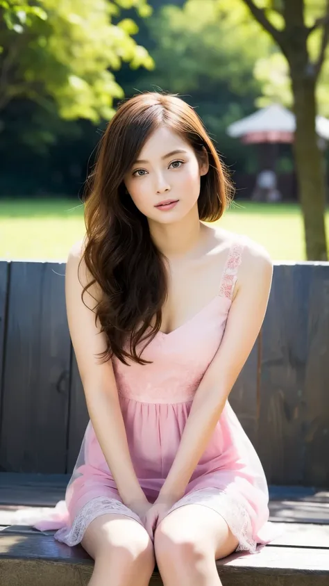 masterpiece,  best quality,  1 girl, Alone,  perfect face, Very beautiful dress,  sitting with legs open outside in the park {x}, The Shining:1.5, Outside in the park , Attractive pose,  see-through organza pink mini dress ,