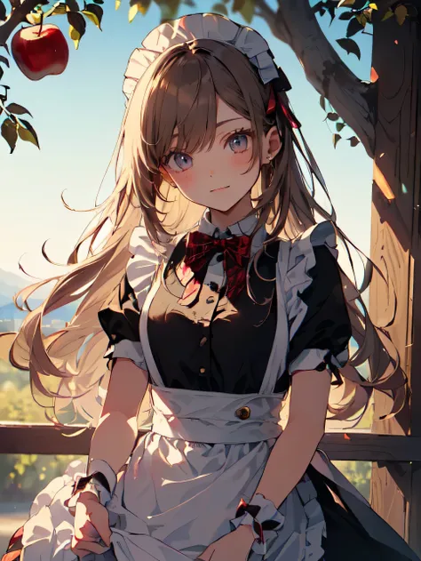 (( best quality ,(masterpiece:1.2)， Perfect composition ， 1 Light Brown Long Hair ,  Cute Apple Girl , Guvez Style Artwork , tie up hair， with flowing hair， Girl Adopting Apple ，apple tree，Apple Decoration ，Plaid Skirt( similar maid dress style)，bow tie(ri...