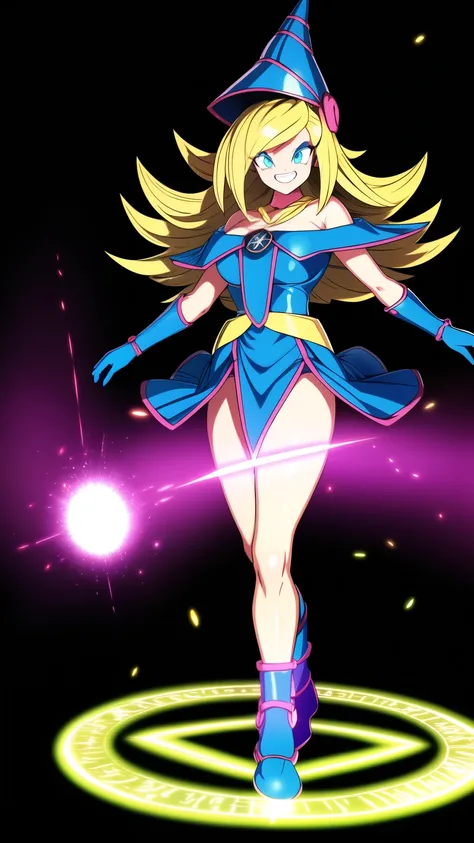 dbsuper style, (extremely detailed CG unity 4k wallpaper),(masterpiece),(ultra quality),(ultra-detailed),(best illustration),(best shadow),(absurdres),masterpiece, best quality, cinematic light, 1girl, grin, dark magician girl, blonde hair, blue headwear, ...