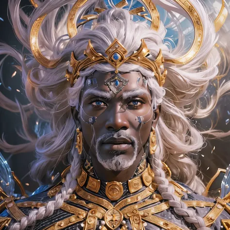  theres a close up of a black man, Dark skin, gray eyes,  white-haired, barba branca,  with a crown on her head ,   hyperdetailed fantasy character  , God.  Extremely high level of detail ,  3d rendering of an art character 8k, Detailed Matte , Portrait of...