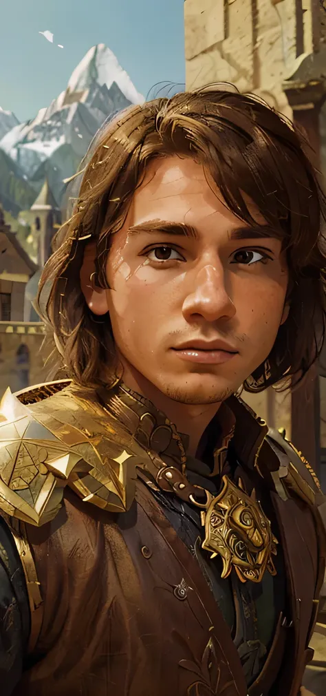 (masterpiece),(best quality), illustration, (fantasy:1.4), perfect male face, solo, cute detailed digital art, beautiful face, golden hair, castle, mountain, a young man, , paper_cut