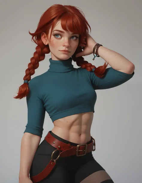 score_9, score_8_up, score_7_up,  A red-haired girl with freckles, braids  and bangs, wearing a turtleneck crop top, black stockings and a belt.