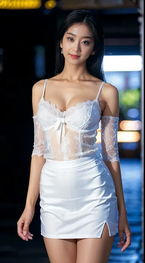 ((whole body)), ((from below)), ((guffen,bare shoulders)), ((the thin, sheer white lace one-piece skirt is super short)),((leaki...