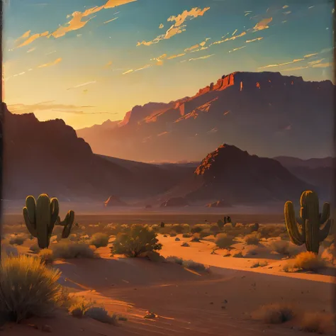 painting of a desert landscape with mountains in the distance, inspired by Frederick Goodall, inspired by John Frederick Kensett, 4k oil on linen, inspired by Albert Namatjira, sunset in the desert, inspired by Julian Onderdonk, by Lee Loughridge, desert l...