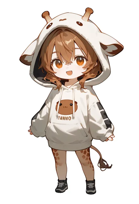 Score_9,Score_8_Superior,Score_7_Superior,a girl, show long brown hair here,Alone,Chibi ,bangs,close your eyes,smile,standing,Full body,poses, Open your mouth ,Personal audience ,Giraffe hoodie mi , wears a hood,Langarm, hair between eyes , The sleeves are...