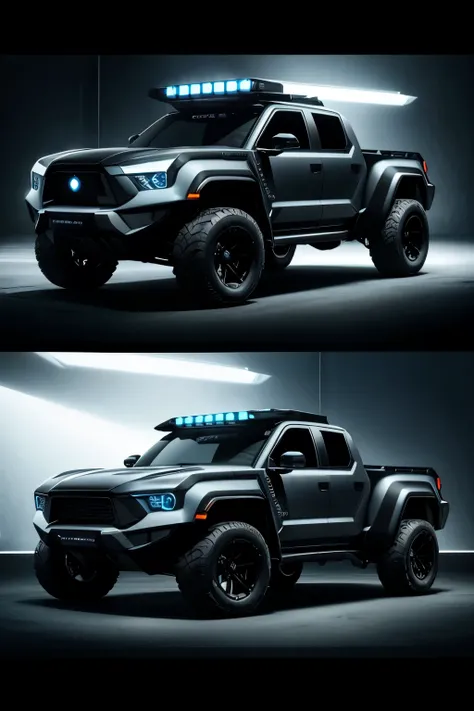 A futuristic armored four wheeled truck. Cybertruck.
A gun on the top of the car. Camera faces the car. Dark vibe. Car looking towards camera. Only one car