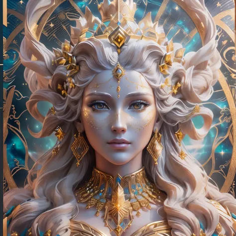 a close up of a statue of a woman with a golden crown, goddess. extremely high detail, 3 d goddess portrait, goddess close-up portrait, detailed matte fantasy portrait, portrait of queen of light, goddess portrait, extremely detailed goddess shot, a stunni...