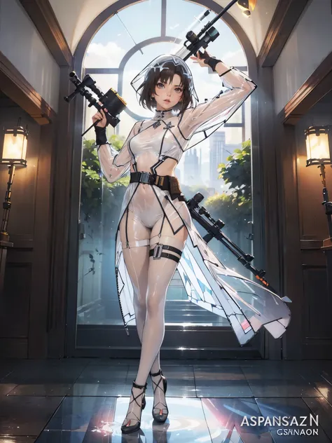 anime - style illustration of a woman in a (transparent outfit:1.7), (holding a sniper rifle:1.5), gun shooting video game character, official character art, trending on cgstation, e-girl, cushart krenz key art feminine, full body, female action anime girl...