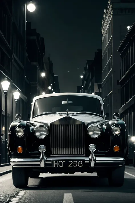 An old rolls royce car. White and black painting. Night city. Car directly looking towards camera