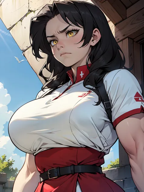 muscular girl thick breasts black hair yellow eyes pale skin best quality sad frown giant breasts (((glorious))) (((glorious))) (((glorious))) (((glorious))) 