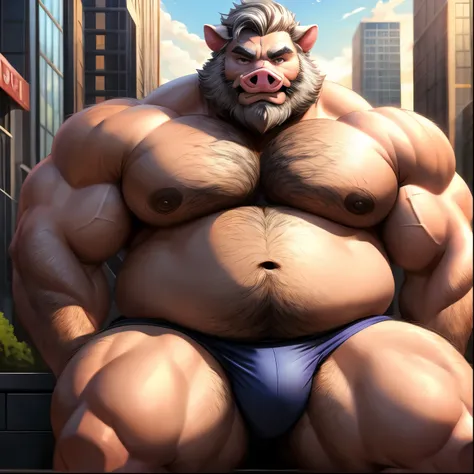 Pig (massiv:3.0,( heavyweight,stark,Macro, Emphasize the huge size)), Cooler Riesiger Pig Anime-Stil, Full body image,  neighborhood style ,  big fat   (very hairy ),  in weight gain progress in underwear clothes ,  He is a huge obese Glotton ,  He is an u...