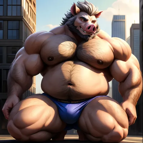 Pig (massiv:3.0,( heavyweight,stark,Macro, Emphasize the huge size)), Cooler Riesiger Pig Anime-Stil, Full body image,  neighborhood style ,  big fat   (very hairy ),  in weight gain progress in underwear clothes ,  He is a huge obese Glotton ,  He is an u...