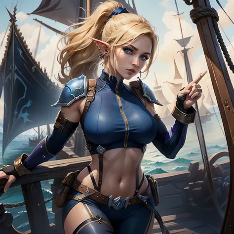 World of Warcraft, Jill Valentine STARS blue pirate suit, seductive face with intense blue eyes, blonde, ponytail, elf ears with multiple piercings, black eyes make up, on a pirate ship, heroic pose