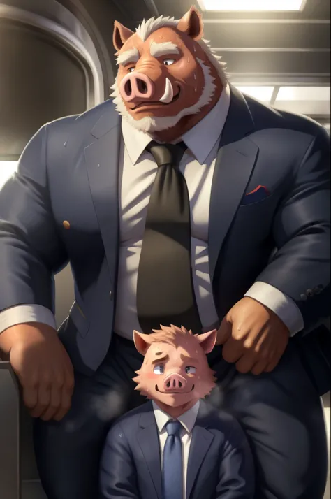 author: bontiage, (1 boy), one, wild boar, tusks , bart,  pig nose ,  overweight male , Fettleibig,  big bump in crotch , Stand, (sweat:1.6), Business suit, Second Men, kemono, hot body, Muscle,  beautiful, Attractive guy, ( detailed black eyes), Brew, (ma...