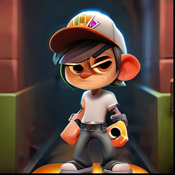 A man in a subway surf game stands , raise both hands while holding a gun 