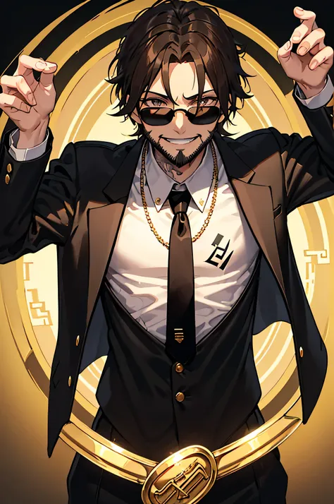 Brown Hair、Wear a black suit、Black collared shirt、 brown eyes 、Fierce Aura 、Holding a knife、Tattoo on neck、Hold a 、Smile、Crazy Smile、 Gold Necklace 、 nothing black background、 wear sunglasses、Grow your beard a little bit 、46 years old、Dignified、high qualit...