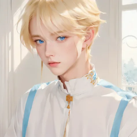 blond boy with detailed blue eyes, freckles on the cheeks, and a white shirt,  delicate androgynous prince ,  cute androgynous prince ,  portrait of a blond magic prince , artwork in the style of guweiz,  inspired by Bian Shoumin , Cai Xukun, In the style ...