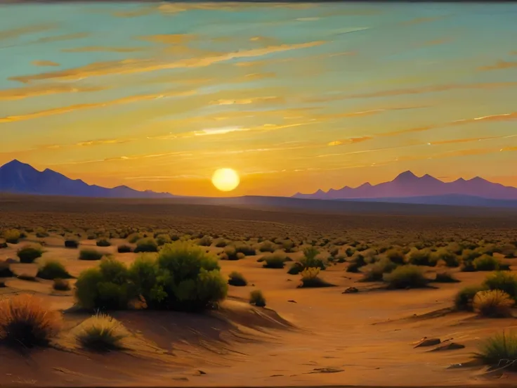 painting of a desert landscape with mountains in the distance, an oil painting inspired by Frederick Goodall, flickr, australian tonalism, 4k oil on linen, sunset in the desert, desert landscape, “ painting, tonalism!, mojave desert, oil on linen, sunset g...