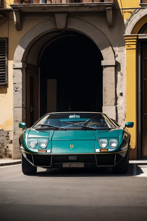 OLD vintage Lamborghini. Clean. Italys dark streetsCar faces with camera directly. Cars frontal side.