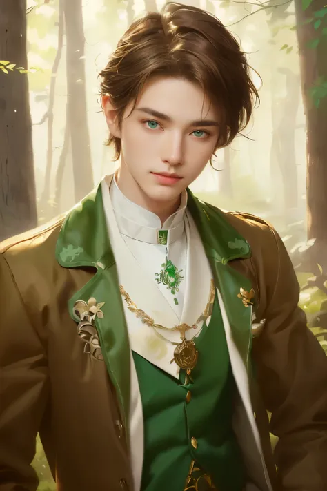 Is there a white man , green eyes,  brown-haired ,  wearing a brown jacket and a green vest,  cute androgynous prince ,  delicate androgynous prince , artwork in the style of guweiz, portrait of a young, Portrait of a forest wizard,  an exquisite fanart hi...