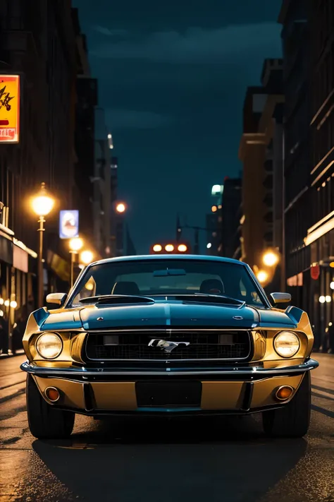 Old vintage ford mustang. In large city. Night. Active nightlife in city. Cars frontal side. Car faces with camera directly