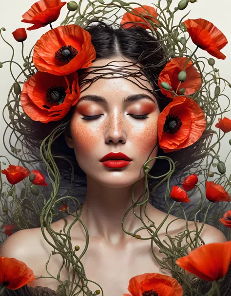 Surreal portrait of a serene woman with closed eyes, her face adorned with freckles and slightly parted lips, surrounded by vivid red poppies blooming from her head. Intricate dark tendrils and roots intertwine with the flowers, creating a seamless connect...