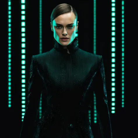 photorealistic portrait of a keira knightley wearing a matrix outfit, digital rebellion, futuristic couture, aesthetic, high fas...