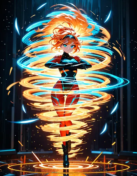 best quality, masterpiece, hires, long orange hair woman, golden headband, aqua eyes, night, neon, background, diffraction spikes, neon lights, red bodysuit, black leotard, black gloves, black boots, (bare legs:1.2), looking away, 8k, cowboy shot, full bod...