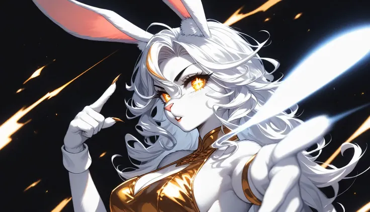 score_9,score_8_up,score_7_up, source_furry, ( bunny, Anthro furry bunny girl, adult female, ) solo,a beautiful anthropomorphic bunny woman, white fur, white, skin, with long white curly hair with blazing glowing gold highlights, she has bright golden spar...