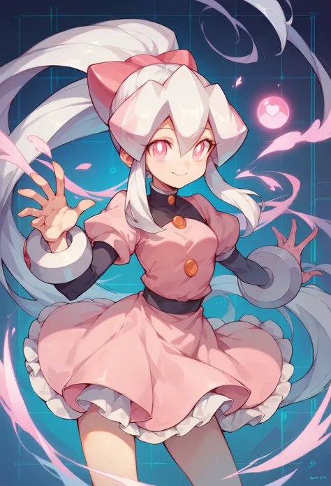 Solo female, long white hair, ponytail, pink glowing eyes, mega man art, standing, smiling, laboratory background, daytime, frilly short white and pink dress, short, small breasts, cute pose