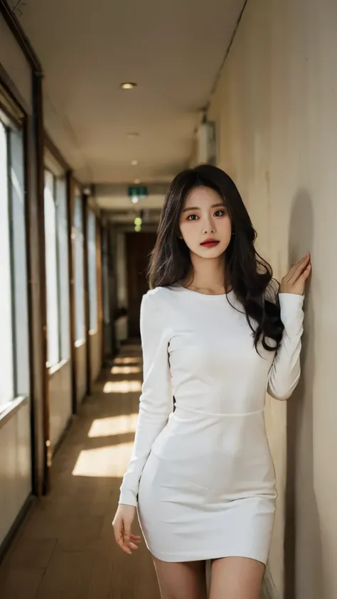 1 Girl,corridor,Soft Light,korean Beauty,Tight Fit,dress,Dark-haired wavy hair,