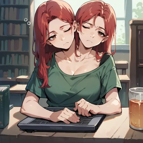 anime, two heads, 1girl, red hair, brown eyes, different facial expressions, one eye open, one eye closed, bored, sleepy, tired, green t-shirt, sitting at a table with a laptop, library