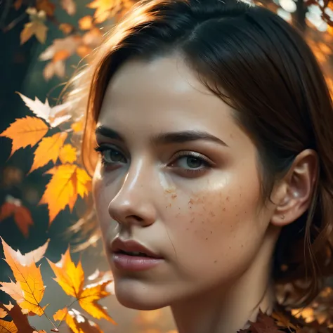 A woman surrounded by autumn leaves, detailed facial features, natural lighting, melancholic mood, intricate details, muted color palette, soft focus, digital painting, cinematic composition, photorealistic, masterpiece