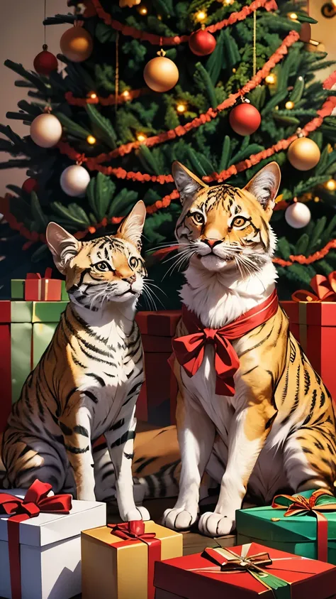 animals near the Christmas tree with gifts