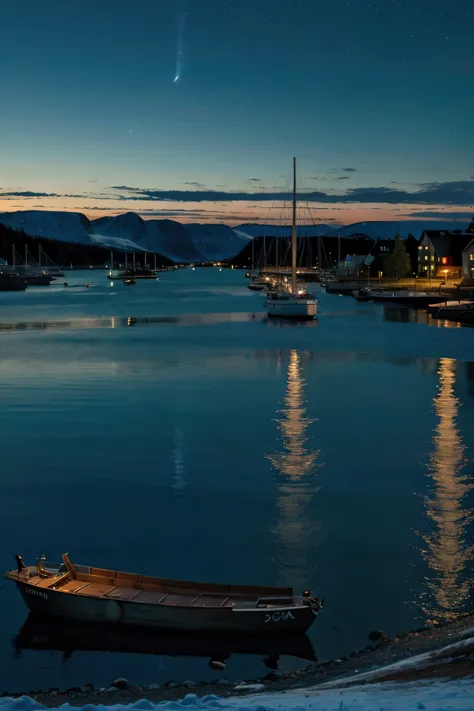 Create high resolution wallpaper. Scene of harbor at night with green blue sky. Area a amazing lake in Norway