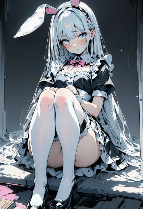 (masterpiece,  best quality:1.2),   1 girl, Alone, The hair color is black and the inner color is pink、Bunny Ears、Maid uniform、(black and white striped knee-highs)、Black and White