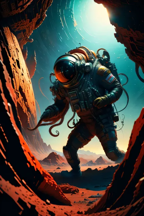 a russian cosmonaut in trouble being attacked by a martian octopus, anime style, detailed digital painting, highly detailed, photorealistic, intricate, dramatic lighting, cinematic composition, vibrant colors, dynamic pose, intense action, sense of scale, ...