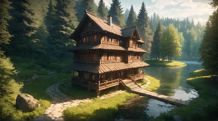 anime aestetics, a huge beautiful eastern europe wooden house, a liitle lake, dark forest with huge trees on the background, bright skies, mistic atmosphere, creative architecture, breathtaking view, wide shot, atmospheric perspective, perspective, best qu...