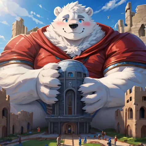 New Jersey 5 Pelzig，polar bear，Lonely，pummelig，Fat，thick arms， Sturdy muscles ，(White plush fur)， chubby ， black eyebrows ，sky blue eyes，bart，（Knight armor ，Red Cloak），(Blush:1.1)，Blush，smile，sweat，（ highly tuned ）， western castle background，stone walls，8k...