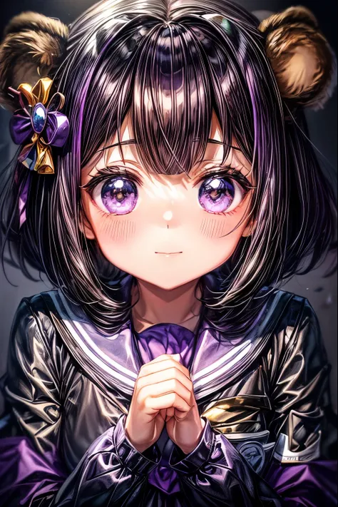 {worst quality, low-quality}, ((a closeup)), ((Bear-eared chemomimi girl:1.4)), (A black-Bear-eared), (black-haired, short-cut:1.3), plump shiny lips, (Beautiful clear purple eyes:1.3), (The best smile), Spoken Heart, (School Uniforms:1.2), ((A cute compos...