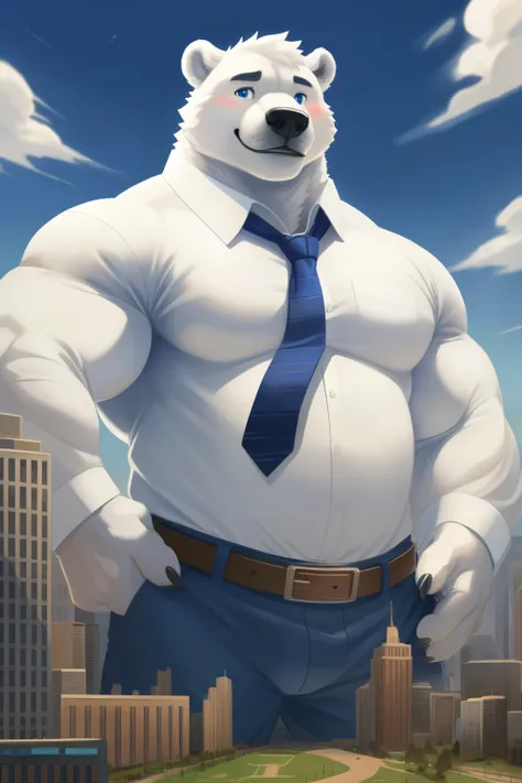 New Jersey 5 Pelzig，polar bear，Lonely，pummelig，Fat，thick arms， Sturdy muscles ，(White plush fur)， chubby ， black eyebrows ，sky blue eyes，（bart），( white shirt ，tie，Belt pants )，Office， high quality ,4K,Artwork, very detailed ,real，(oily)，Blush，smile, polar ...