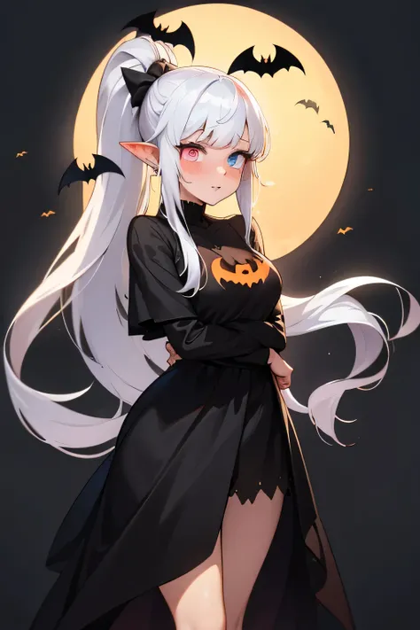 1 girl,  high resolution ,  Long hair,  Long pointed ears, blush,  high ponytail , make-up, heterochromia,  animated, halloween, pumpkins, ghosts, bat,  The best quality 