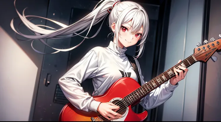 female, vtuber style, Boruto-like white hair, all white sweatshirt, gray pants, vibrant dark red eyes, solo, smile, guitar