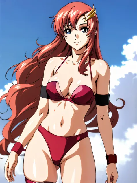 lacus4, (red bikini:1.5), (running, thong, (tall girl:1.5), (biceps:1.1), (hair details:1.3), (pale skin:1.2), (face details:1.0), masterpiece, cowboy shot, very slim shoulders, 4K, (Best Quality:1.2), Anime style: 1.9, happy, Adult Woman, (ultra detailed ...