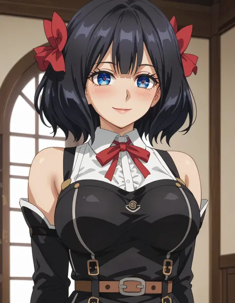 TinoShade,(medium hair),black hair,(blue eyes),hair bow,red bow,score_7_up, anime screencap,smile,blush,white shirt,collared shirt,neck ribbon,red ribbon,harness,grey dress,black dress,detached sleeves,brown belt,belt pouch,indoor room,(large breasts:1.55)...